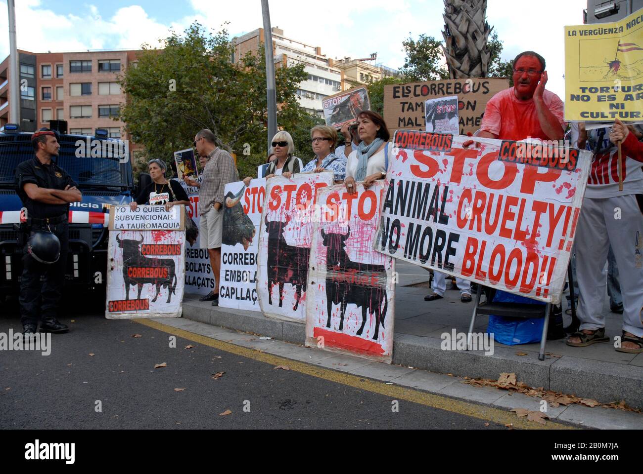 anti-bullfighting demonstration, at the Monumental plaza, Barcelona Stock Photo