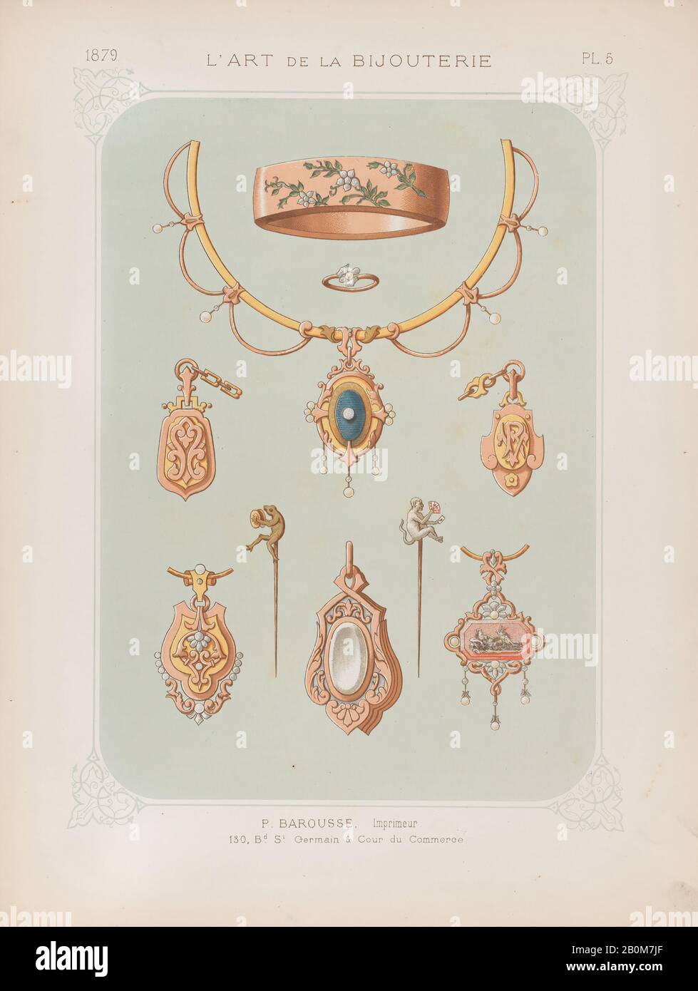 Jean Francois Barousse, Jewelry Designs in Gold and Rose Gold, Plate 5 from 'L'Art de la Bijouterie', 1879, color lithograph, Sheet: 14 1/4 × 10 13/16 in. (36.2 × 27.5 cm Stock Photo