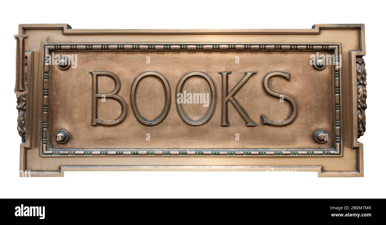 Isolated Vintage Ornate Gold Colored Sign For A Book Store Or Library Stock Photo