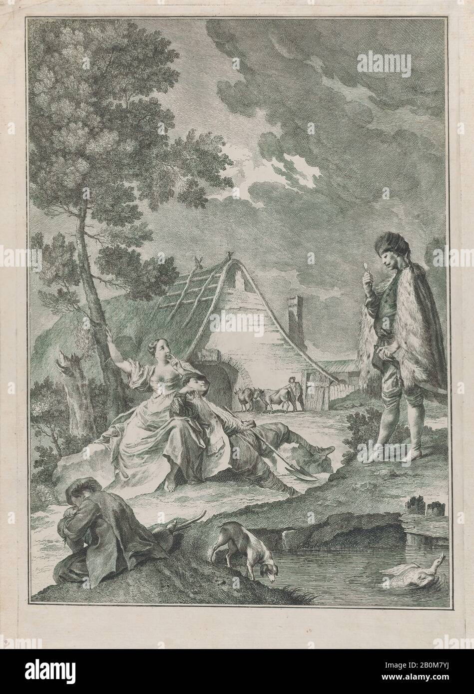 Giuliano Giampiccoli, Plate XLIX: Pastoral scene with peasants napping, one resting on a woman under a tree, a soldier approaches at right; from 'Studi di pittura gia dissegnati da Giambatista Piazzetta' after Giovanni Battista Piazzetta, Giuliano Giampiccoli (Italian, 1703–1759), After Giovanni Battista Piazzetta (Italian, Venice 1682–1754 Venice), ca. 1725–59, Engraving and etching, Plate: 15 9/16 × 10 9/16 in. (39.5 × 26.8 cm), Sheet: 16 5/16 x 11 3/8 in. (41.4 x 28.9 cm), Prints Stock Photo