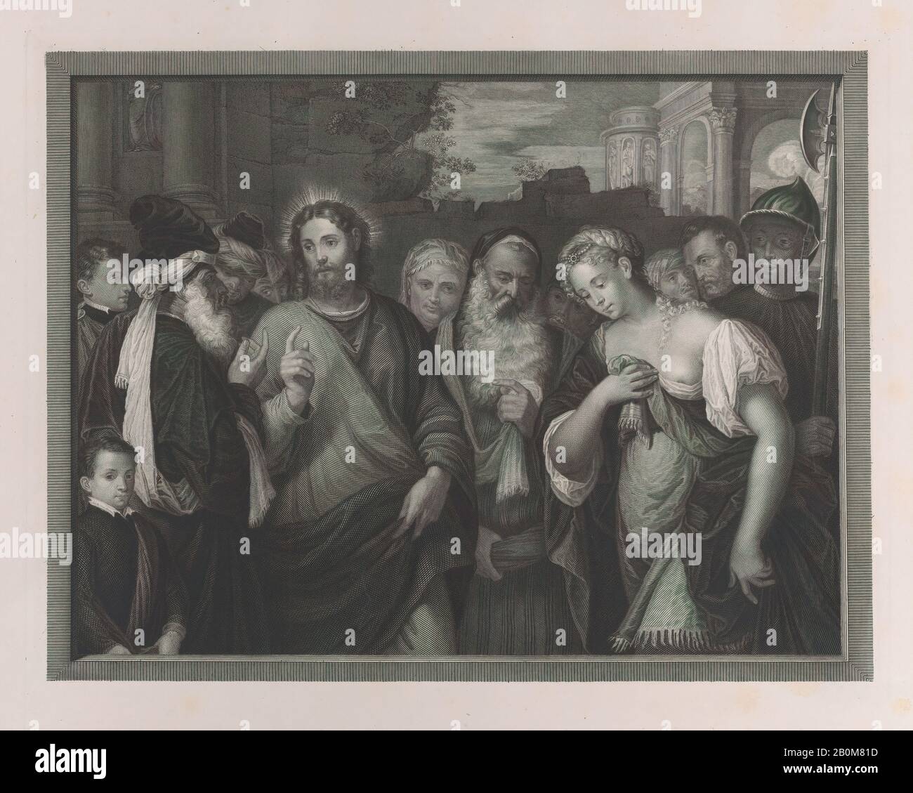 Carlo Raimondi, Christ and the adulteress, Carlo Raimondi (Italian, Bocche di Cattoro 1809–1883 Parma), 1830–83, Engraving, Plate: 12 11/16 × 14 15/16 in. (32.3 × 38 cm), Sheet: 15 3/4 × 21 9/16 in. (40 × 54.8 cm), Prints Stock Photo