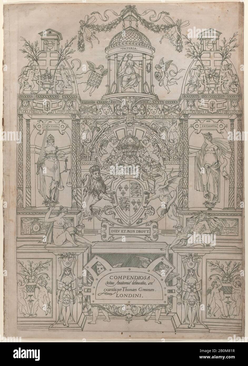Thomas Geminus, Title Page and Dedication for the 'Compendiosa totius Anatomiae delineatio', Thomas Geminus (Netherlandish, active London, 1515–1562), Related to Andreas Vesalius (Flemish, Brussels 1514–1564 Zakynthos, Greece), 1545, Engraving and letterpress, Sheet: 14 11/16 × 10 9/16 in. (37.3 × 26.8 cm), Prints Stock Photo
