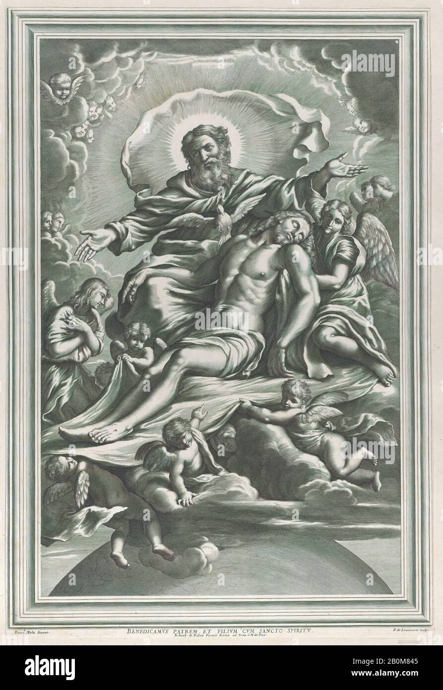 F. de Louvement, The Holy Trinity, with the dead Christ at center surrounded by angels, God the Father, and the Holy Spirit, F. de Louvement (French (?), active Rome, mid-17th century), After Pier Francesco Mola (Italian, Coldrerio 1612–1666 Rome), 1650–90, Engraving, Sheet (Trimmed): 18 7/8 × 12 7/8 in. (48 × 32.7 cm), Prints Stock Photo