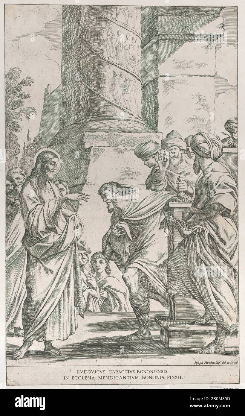 Giuseppe Maria Mitelli, Plate 1: the Calling of Saint Matthew, Bononiensium Pictorum Celebrioris Gloria Quaedam Sacrae Icones Delineatae Incisae et Tantae Artis Amatoribus Dicatae A Josepho M.a Mitello Pictore Bononiense MDCLXXVIII, Giuseppe Maria Mitelli (Italian, Bologna (?) 1634–1718 Bologna), After Ludovico Carracci (Italian, Bologna 1555–1619 Bologna), 1678, Etching, Sheet (Trimmed): 20 1/4 × 12 9/16 in. (51.5 × 31.9 cm), Prints Stock Photo