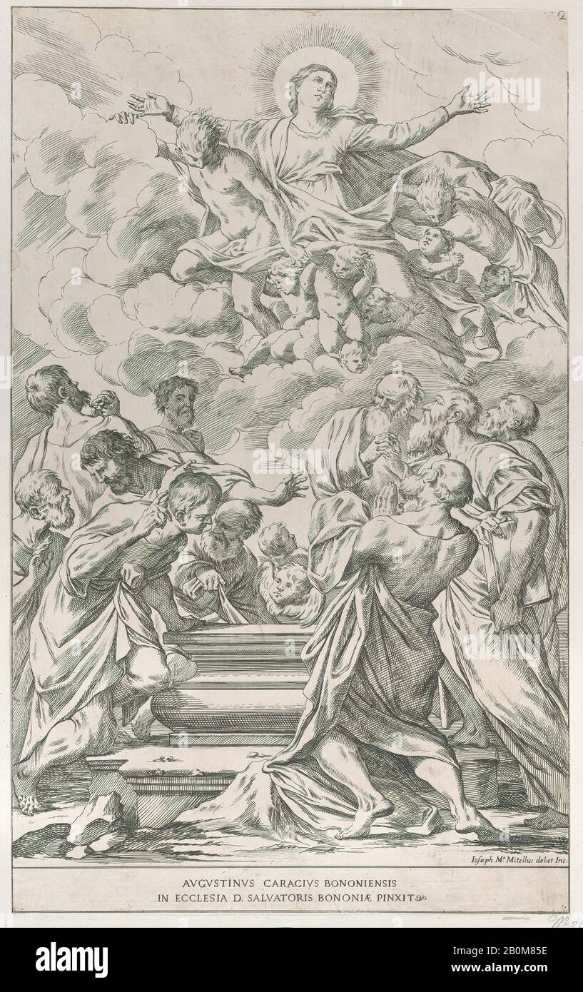 Giuseppe Maria Mitelli, Plate 2: the Assumption of the Virgin, Bononiensium Pictorum Celebrioris Gloria Quaedam Sacrae Icones Delineatae Incisae et Tantae Artis Amatoribus Dicatae A Josepho M.a Mitello Pictore Bononiense MDCLXXVIII, Giuseppe Maria Mitelli (Italian, Bologna (?) 1634–1718 Bologna), After Agostino Carracci (Italian, Bologna 1557–1602 Parma), 1678, Etching, Sheet (Trimmed): 20 3/16 × 12 1/2 in. (51.3 × 31.7 cm), Prints Stock Photo