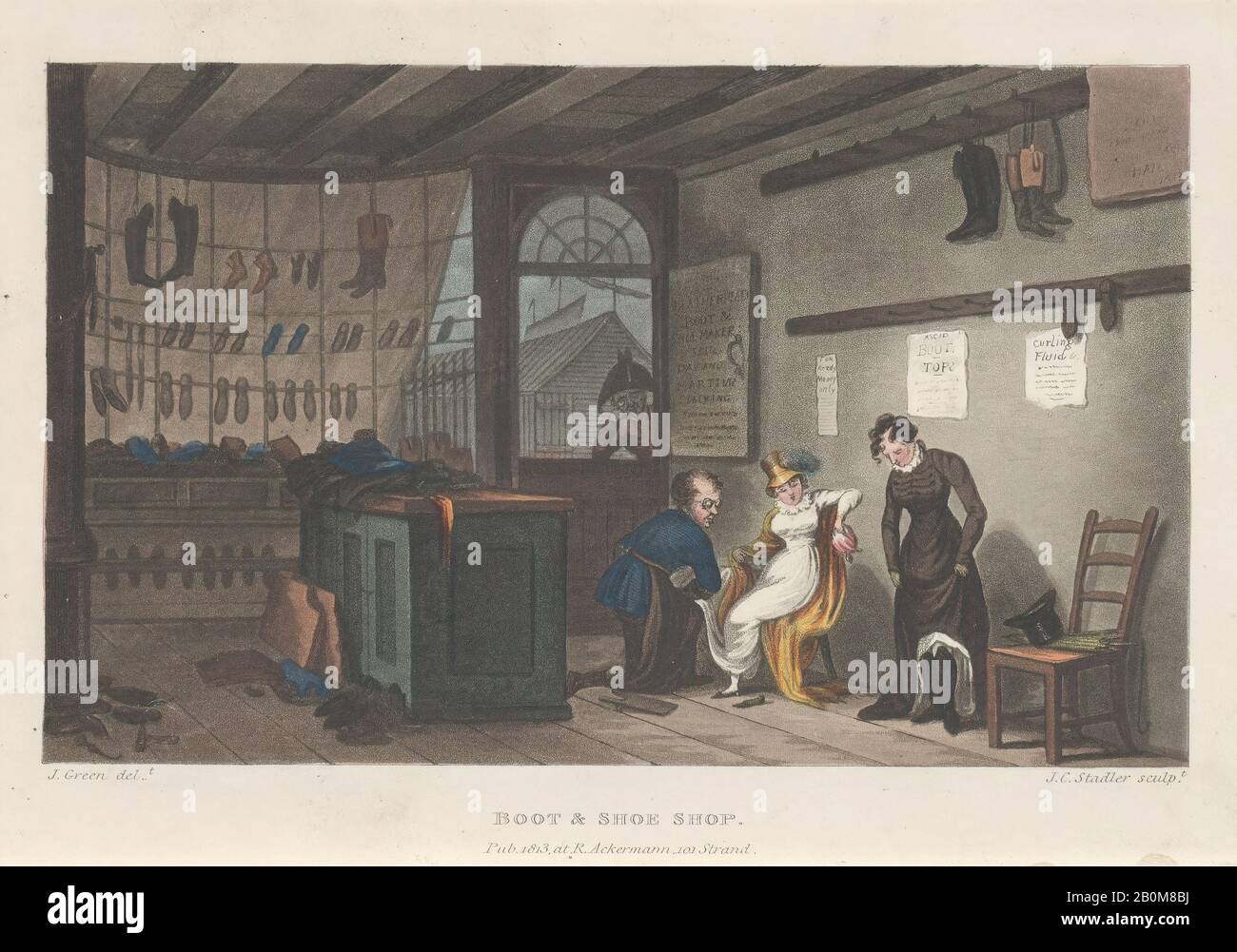 Thomas Rowlandson, Boot & Shoe Shop, from 'Poetical Sketches of Scarborough', 'Poetical Sketches of Scarborough', Thomas Rowlandson (British, London 1757–1827 London), Joseph Constantine Stadler (German, active London, 1780–1822), After James Green (British, Leytonstone 1771–1834 Bath), 1813, Hand-colored etching and aquatint, Sheet: 5 1/2 × 8 1/4 in. (14 × 21 cm), Prints Stock Photo