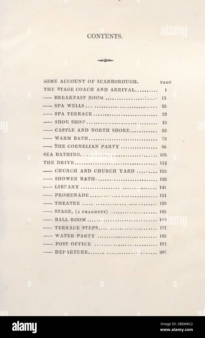 Thomas Rowlandson, Table of Contents, from 'Poetical Sketches of Scarborough', 'Poetical Sketches of Scarborough', Thomas Rowlandson (British, London 1757–1827 London), After James Green (British, Leytonstone 1771–1834 Bath), 1813, Letterpress, Sheet: 7 1/2 in. × 5 in. (19.1 × 12.7 cm), Prints Stock Photo