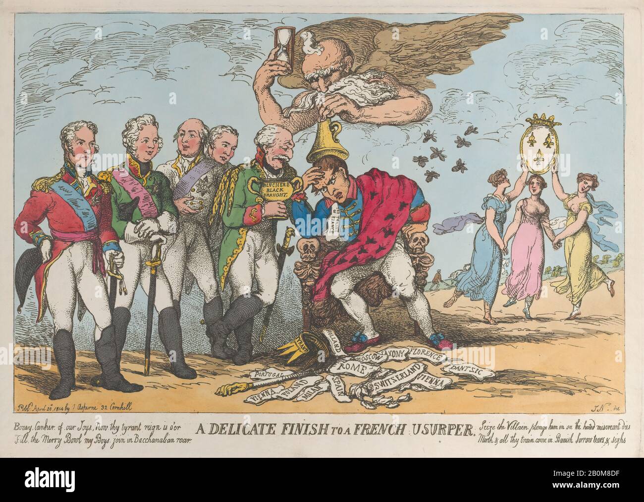 Thomas Rowlandson, A Delicate Finish to a French Usurper, Thomas Rowlandson (British, London 1757–1827 London), After John Nixon (British, ca. 1760–1818), Napoléon Bonaparte (French, Ajaccio 1769–1821 St. Helena), April 20, 1814, Hand-colored etching, Plate: 9 5/8 × 13 11/16 in. (24.5 × 34.7 cm), Sheet: 10 1/16 × 14 3/8 in. (25.5 × 36.5 cm), Prints Stock Photo