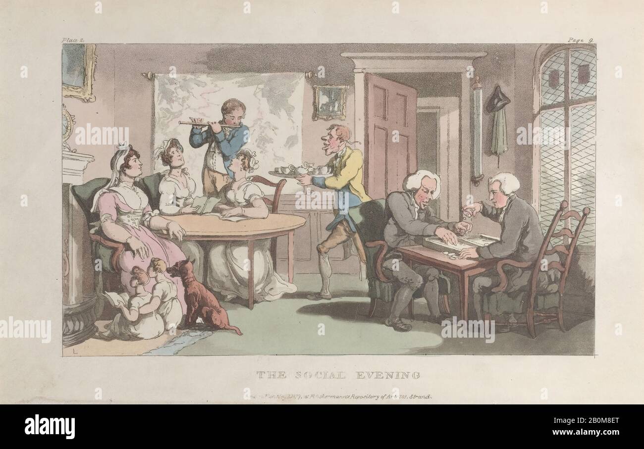 Thomas Rowlandson, The Social Evening, from 'The Vicar of Wakefield', 'The Vicar of Wakefield', Thomas Rowlandson (British, London 1757–1827 London), Oliver Goldsmith (Irish, Pallas, Longford ca. 1728–1774 London), May 1, 1817, Hand-colored etching and aquatint, Sheet: 5 3/4 × 9 1/8 in. (14.6 × 23.2 cm), Prints Stock Photo