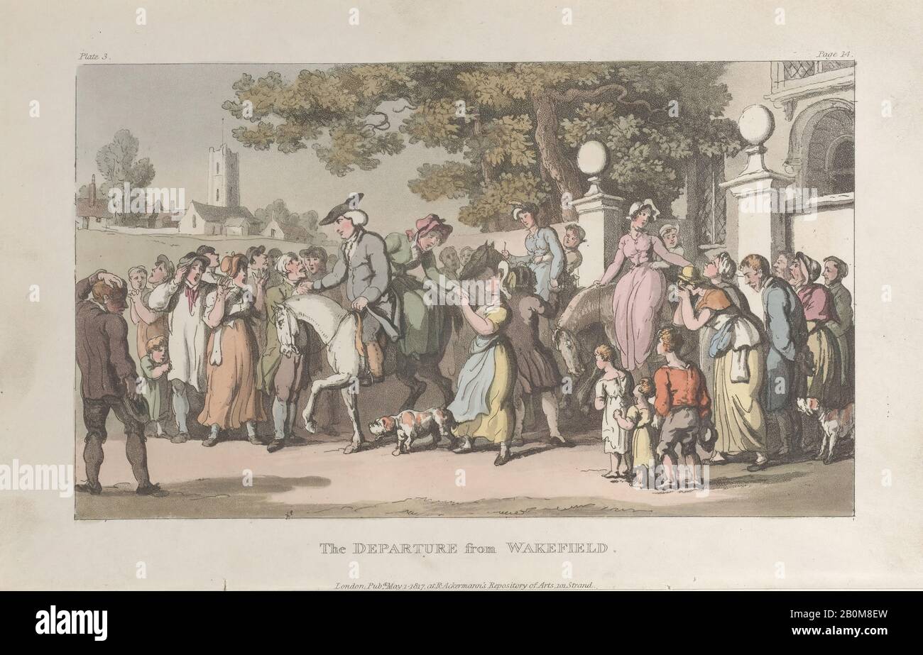 Thomas Rowlandson, The Departure from Wakefield, from 'The Vicar of Wakefield', 'The Vicar of Wakefield', Thomas Rowlandson (British, London 1757–1827 London), Oliver Goldsmith (Irish, Pallas, Longford ca. 1728–1774 London), May 1, 1817, Hand-colored etching and aquatint, Sheet: 5 3/4 × 9 1/8 in. (14.6 × 23.2 cm), Prints Stock Photo