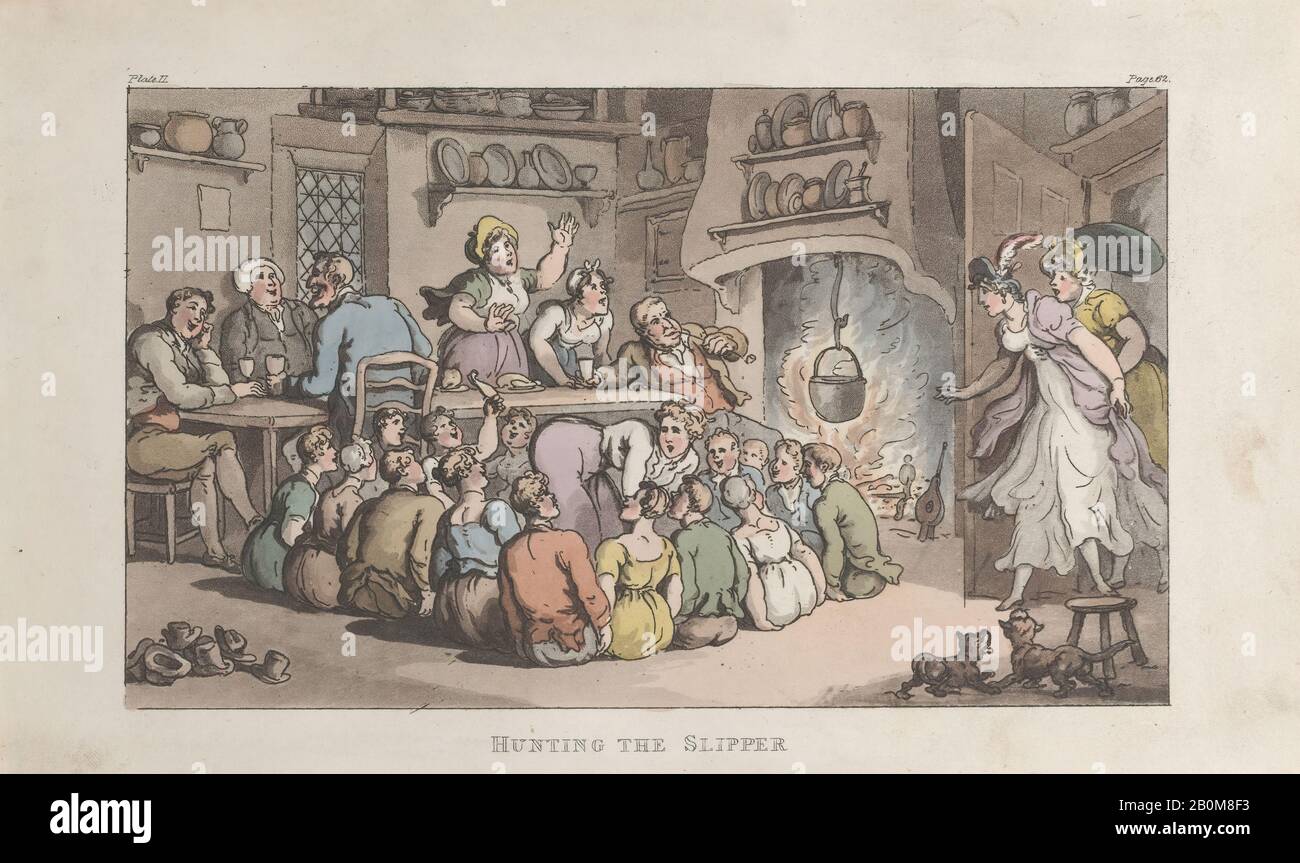 Thomas Rowlandson, Hunting the Slipper, from 'The Vicar of Wakefield', 'The Vicar of Wakefield', Thomas Rowlandson (British, London 1757–1827 London), Oliver Goldsmith (Irish, Pallas, Longford ca. 1728–1774 London), May 1, 1817, Hand-colored etching and aquatint, Sheet: 5 9/16 × 9 3/16 in. (14.2 × 23.3 cm), Prints Stock Photo
