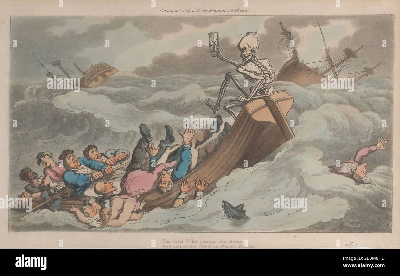 Thomas Rowlandson, Death Turned Pilot (from The English Dance of Death, vol. II, pl. 9), The Dance of Death, Thomas Rowlandson (British, London 1757–1827 London), June 1, 1815, Hand-colored etching, Sheet: 5 3/16 x 8 11/16 in. (13.1 x 22 cm), Prints Stock Photo