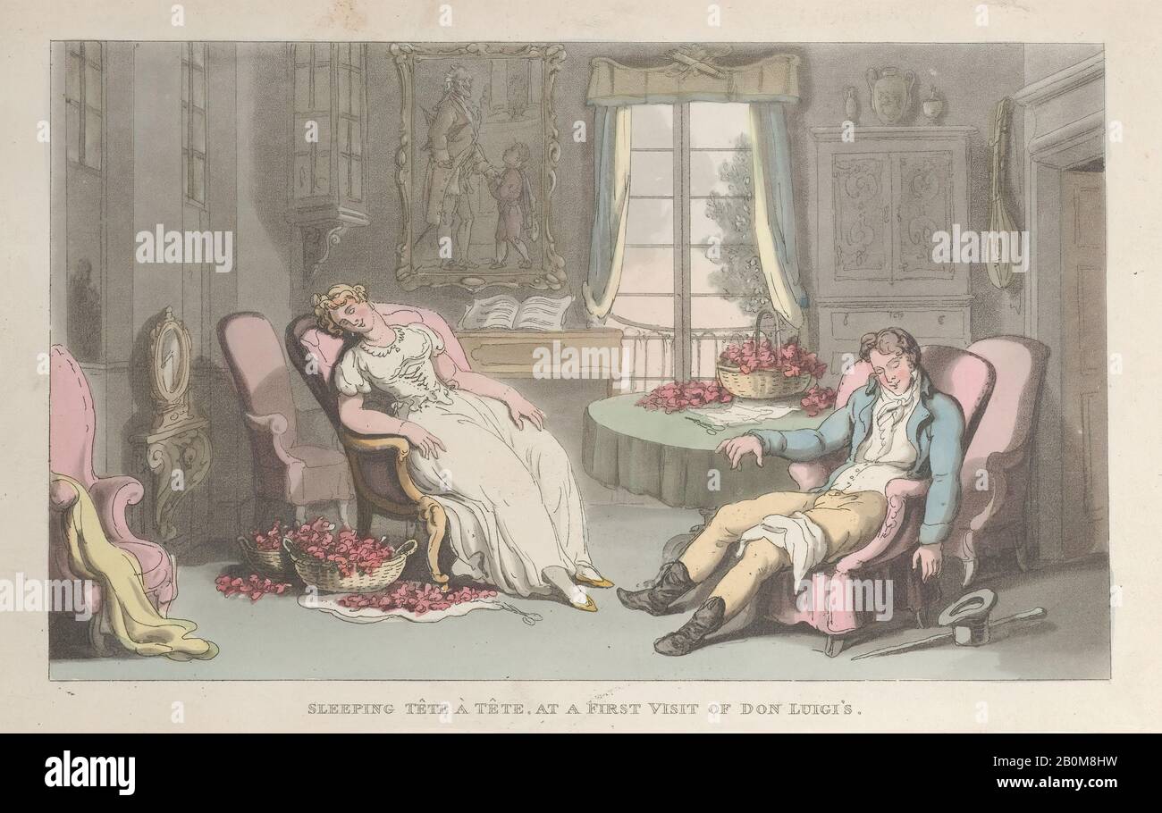 Thomas Rowlandson, Sleeping Tête à Tête, at a First Visit of Don Luigi's, from 'Naples and the Campagna Felice: in a Series of Letters Addressed to a Friend in England in 1802', 'Naples and the Campagna Felice: in a Series of Letters Addressed to a Friend in England in 1802, Thomas Rowlandson (British, London 1757–1827 London), Lewis Engelbach (British), June 1, 1815, Hand-colored etching and aquatint, Sheet: 5 5/8 × 9 1/4 in. (14.3 × 23.5 cm), Prints Stock Photo