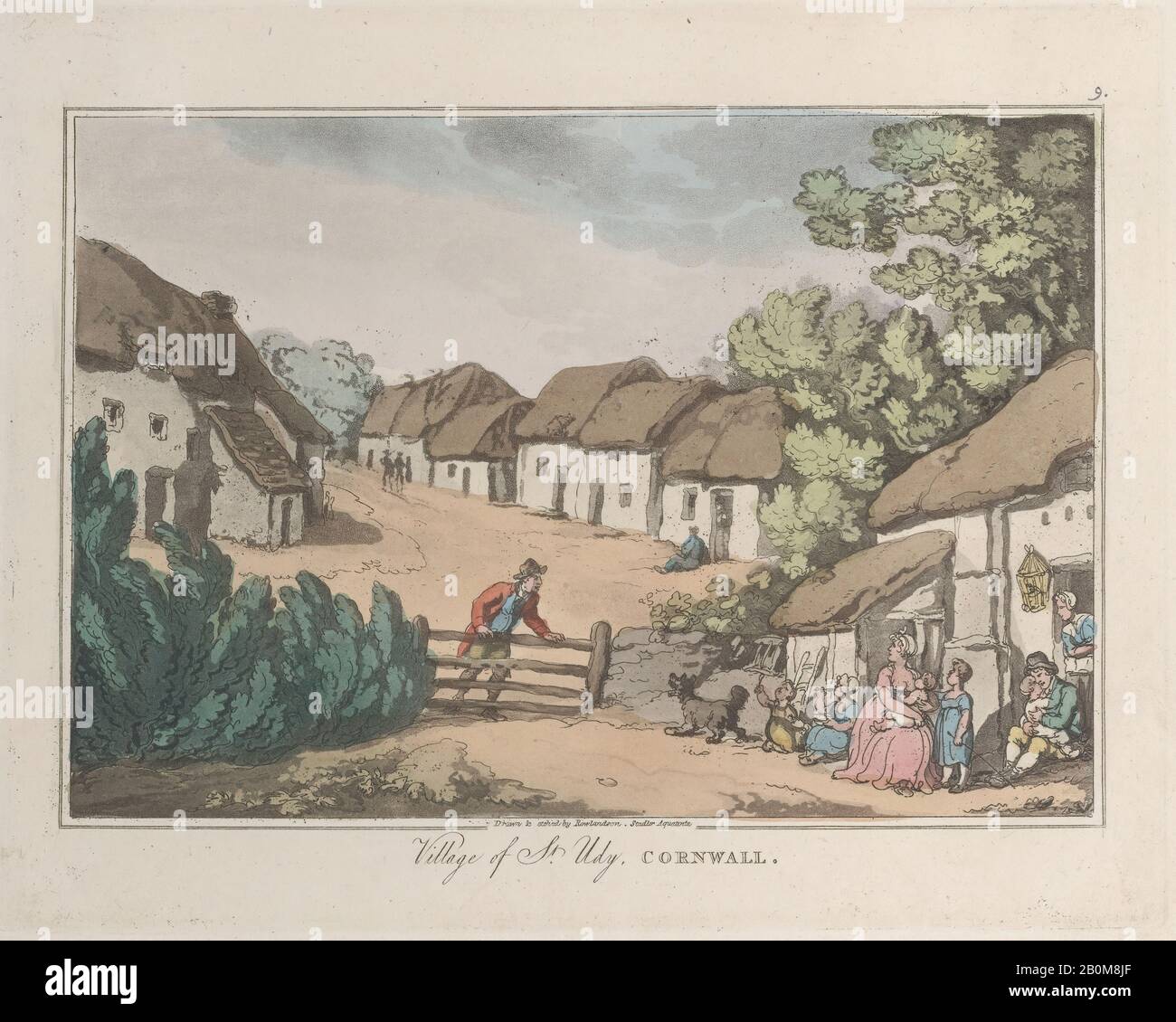 Etched by Thomas Rowlandson, Village of St. Udy, Cornwall, from 'Sketches from Nature', 'Sketches from Nature', Etched by Thomas Rowlandson (British, London 1757–1827 London), Aquatint by Joseph Constantine Stadler (German, active London, 1780–1822), 1822, Hand-colored etching and aquatint, Plate: 7 3/8 × 9 5/16 in. (18.7 × 23.6 cm), Sheet: 7 3/4 × 9 3/4 in. (19.7 × 24.7 cm), Prints Stock Photo