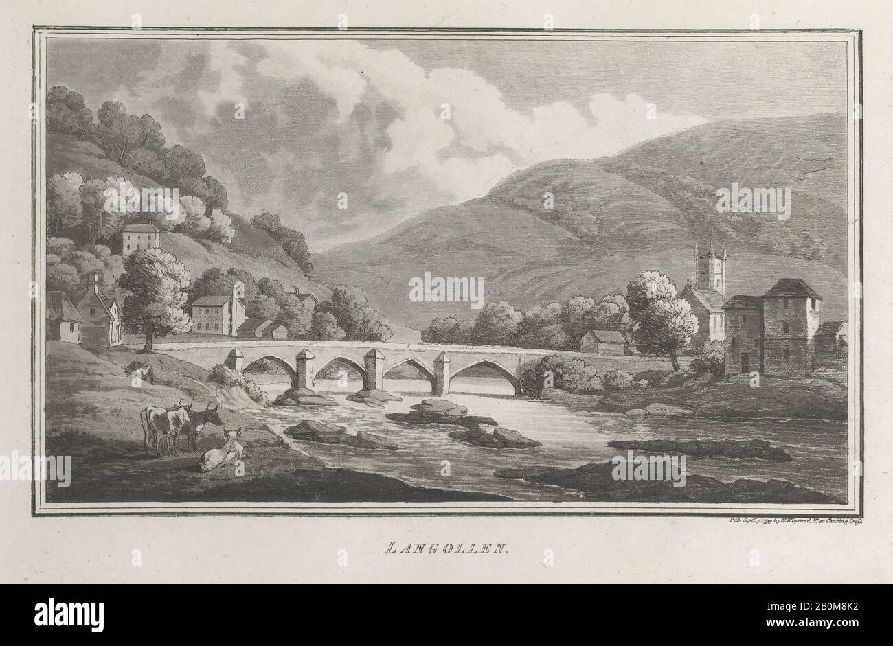 John Hill, Langollen, from 'Remarks on a Tour to North and South Wales, in the year 1797', 'Remarks on a Tour to North and South Wales, in the year 1797, John Hill (British, ca. 1714–1775), After Thomas Rowlandson (British, London 1757–1827 London), Henry Wigstead (British, 1745?–1800 Margate), September 1, 1799, Etching and aquatint, Sheet: 5 5/16 × 8 1/16 in. (13.5 × 20.5 cm), Prints Stock Photo