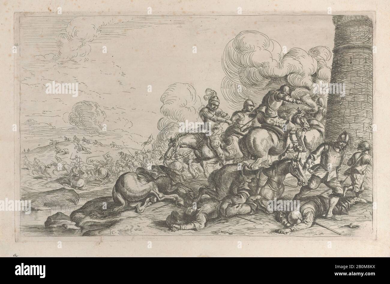 Jacques Courtois, Combat at the foot of a tower, Combats et batailles (Combats and battles), Jacques Courtois (French, Saint-Hippolyte 1621–1676 Rome), 1635–60, Etching, Plate: 8 3/8 × 13 3/16 in. (21.3 × 33.5 cm), Sheet: 9 5/8 × 14 3/8 in. (24.4 × 36.5 cm), Prints Stock Photo
