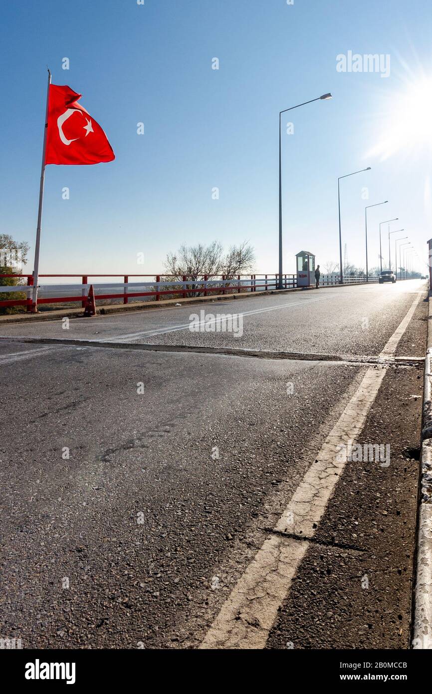 The Greek-Turkish border line right on the bridge over the river Evros, in Thrace region. Stock Photo