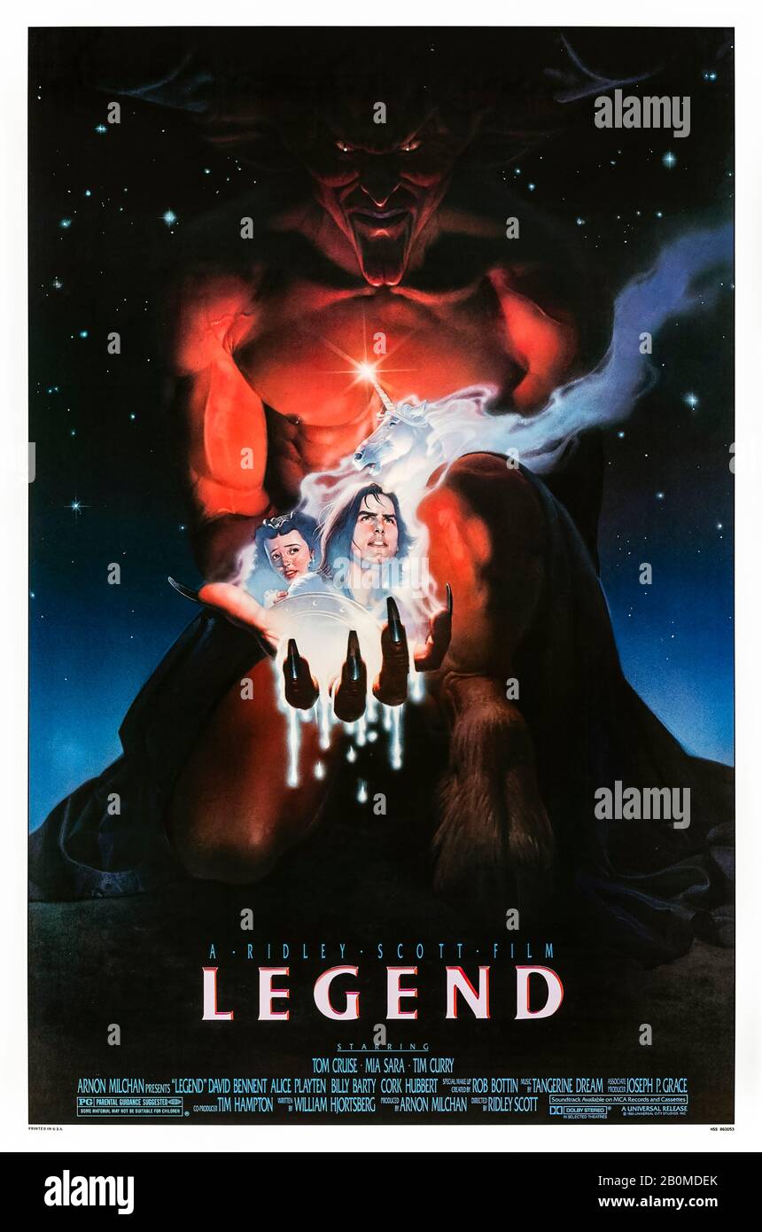 Legend (1985) directed by Ridley Scott and starring Tom Cruise, Mia Sara, Tim Curry and David Bennent. Jack must stop the Lord of Darkness creating eternal night and marrying the fairy princess he loves in this fantasy morality tale. Stock Photo