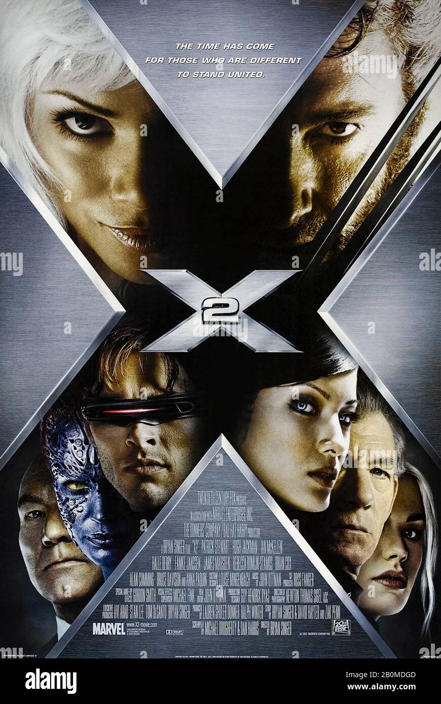 X2 (X-Men 2) (2003) directed by Bryan Singer and starring Patrick Stewart, Hugh Jackman, Halle Berry and Ian McKellen. The second installment of the X-men film series finds them teaming up with Magneto's Brotherhood to prevent a mutant genocide. Stock Photo