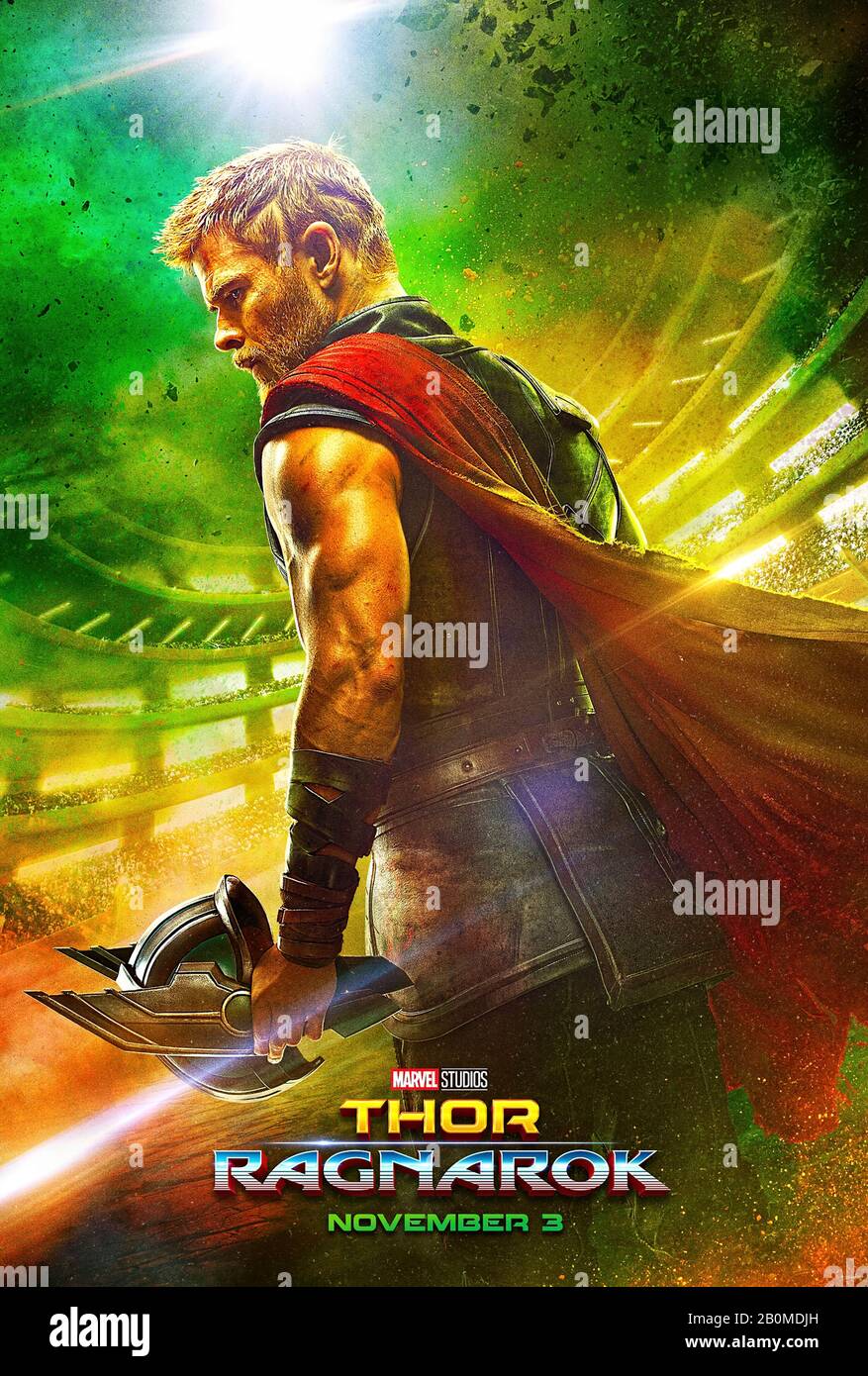 Thor: Ragnarok (2017) directed by Taika Waititi and starring Chris Hemsworth, Jeff Goldblum, Tessa Thompson and Mark Ruffalo. Thor gets stranded enroute to his homeworld on the planet Sakaar where he meets an old friend and a Valkyrie. Stock Photo