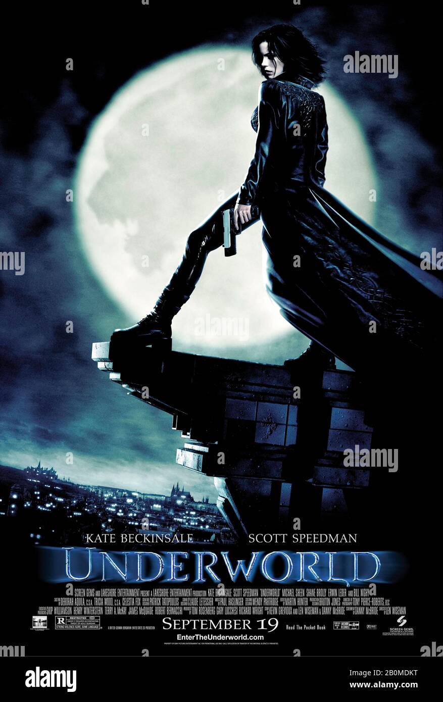 Underworld (2003) directed by Len Wiseman and starring Kate Beckinsale, Scott Speedman, Shane Brolly and Bill Nighy. In a secret war between vampires and werewolves a vampire assassin called Selene seeks revenge for the death of her parents. Stock Photo