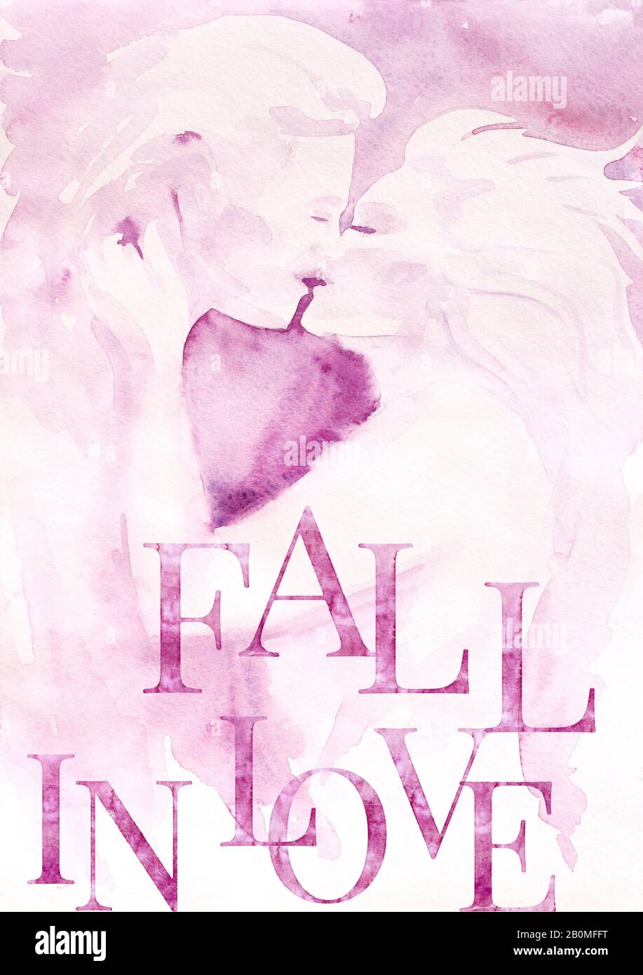 Fall in Love. Couple in Love Kiss. Romantic. Secret Life. Big Love. Watercolor Big Letters. Pre-made Composition. Print quality. White background. Stock Photo