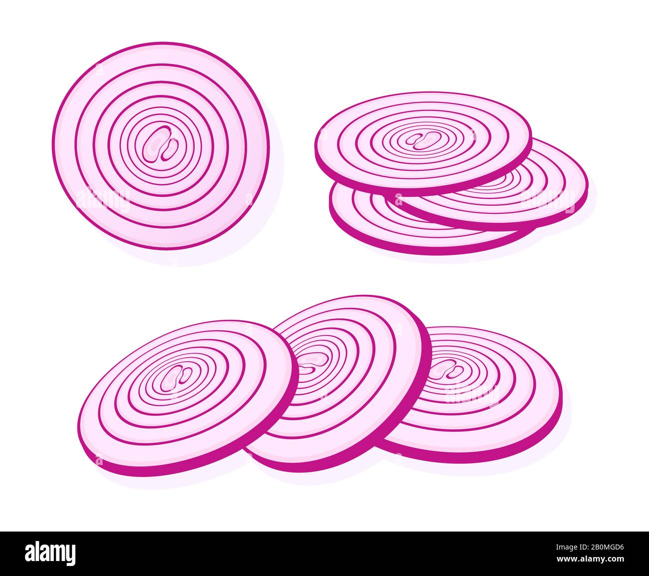 Sliced red onion isolated on white background. Rings of red onion