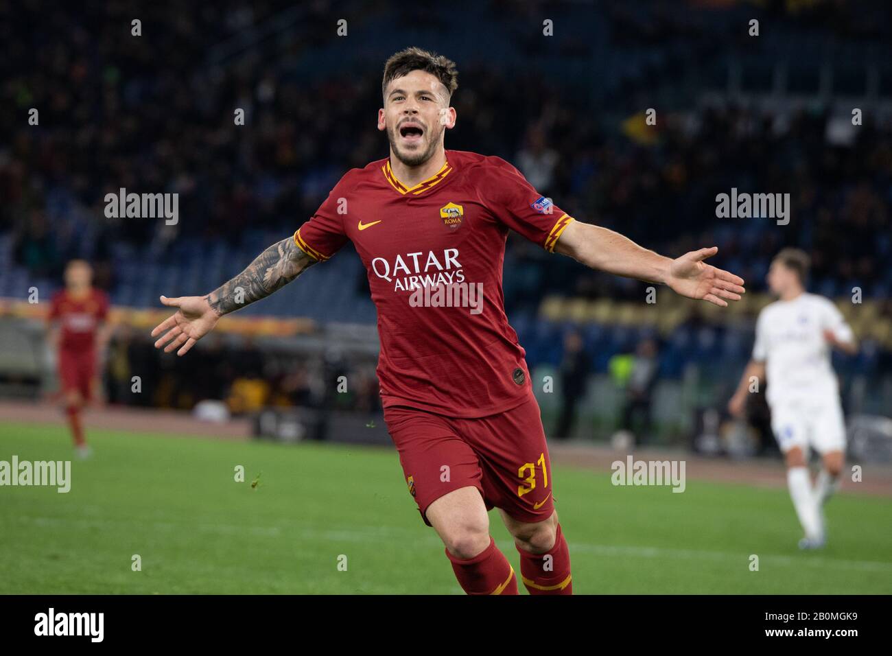 Carles Perez Celebrates After Scoring A Goal During The Uefa Europa League Group J Football Match Between As Roma And Kaa Gent At The Stadio Olimpico Staduim Final Score As Roma 1 0 Kaa Carles Perez Celebrates After Scoring A Goal During The Uefa Europa League Group J Football Match Between As Roma And Kaa Gent At The Stadio Olimpico Staduim Final Score As Roma 1 0 Kaa