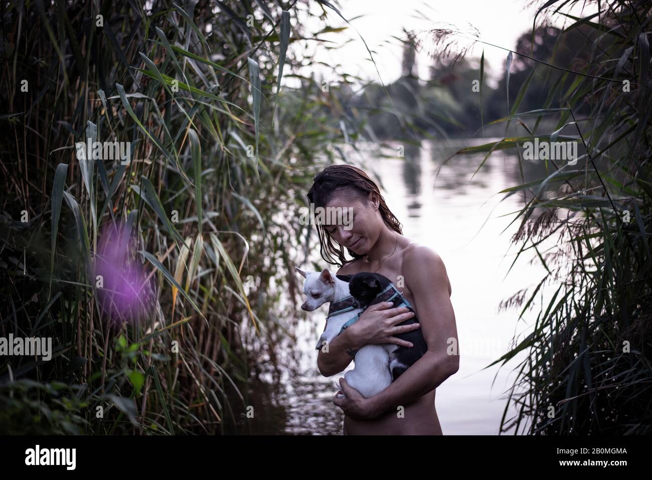 strong mixed race woman holds two small dogs in natural berlin lake Stock Photo