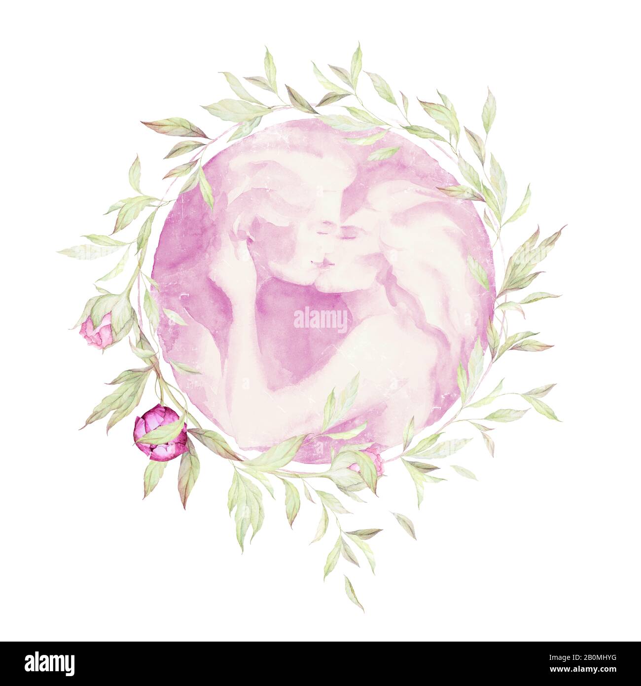 In Love. Couple in Love Kiss. Romantic. Floral wreather. Peonies buds. Lush leaves. Wedding decor. Watercolor. Pre-made Composition. Print quality. Wh Stock Photo