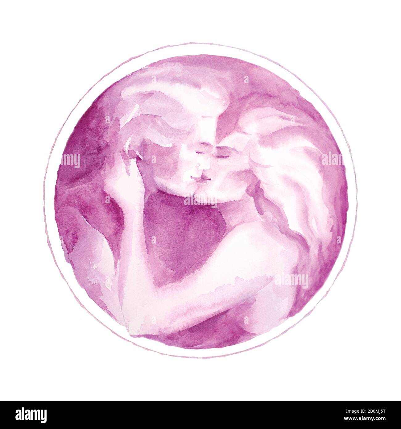 Couple in Love Kiss. Romantic. Secret Life. Big Love. Watercolor. Pink color. Print quality. White background. Stock Photo