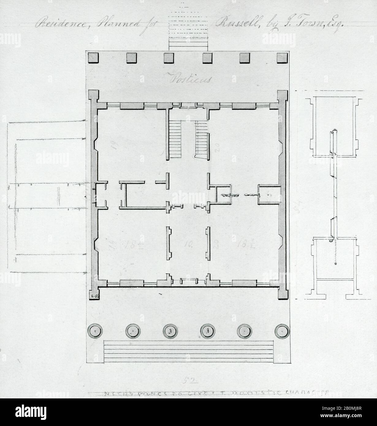 Alexander Jackson Davis, Residence, Planned for Russell, by I. Town, Esq., Alexander Jackson Davis (American, New York 1803–1892 West Orange, New Jersey), After Ithiel Town (American, Thompson, Connecticut 1784–1844 New Haven, Connecticut), ca. 1828, Watercolor, ink and graphite, Sheet: 7 1/16 × 6 5/8 in. (18 × 16.8 cm Stock Photo