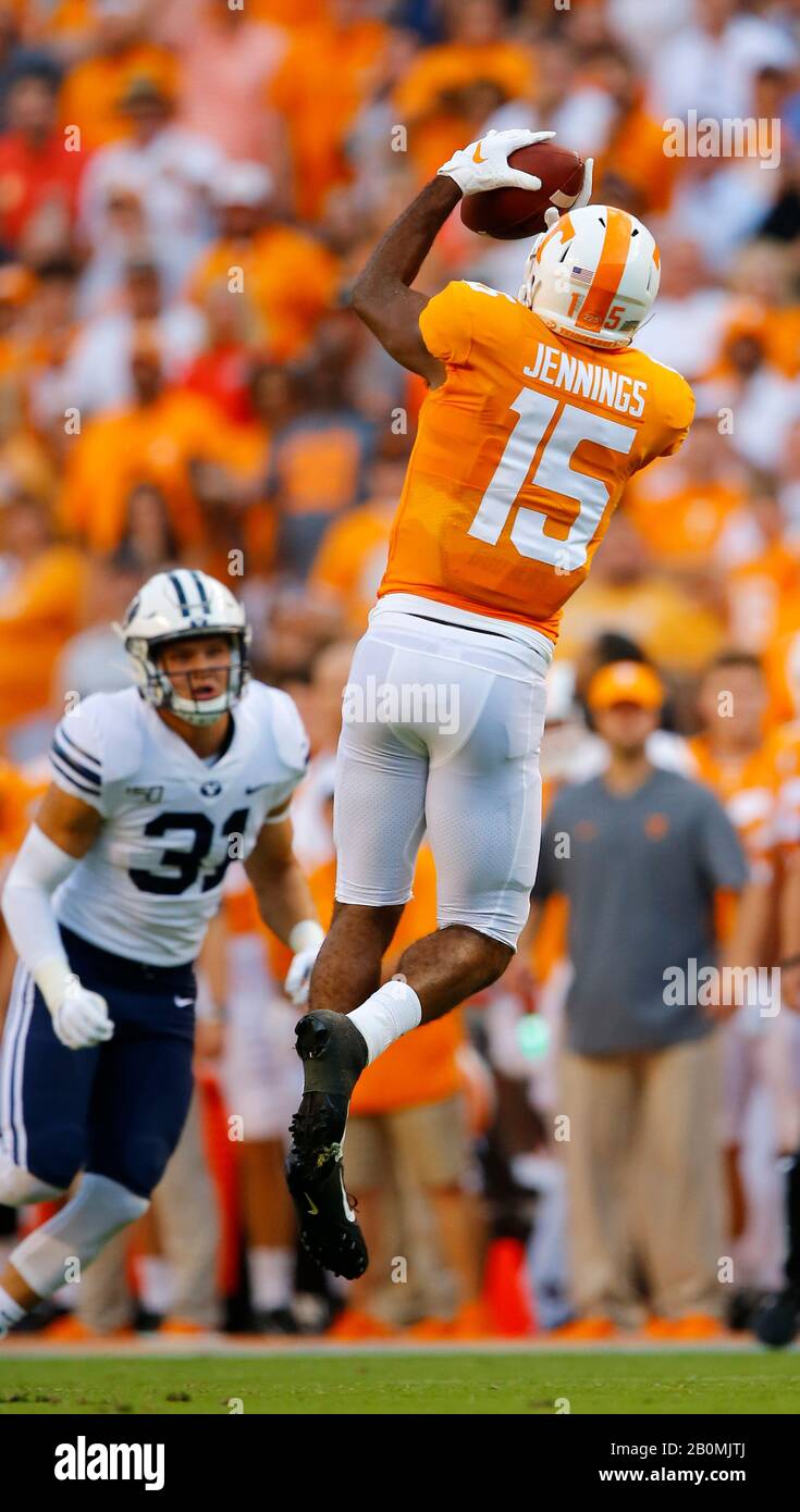 KNOXVILLE, TN - 2019 SEPTEMBER 7: Tennessee Volunteers Jauan Jennings (15) catches a ball during an American college football game between the Tenness Stock Photo