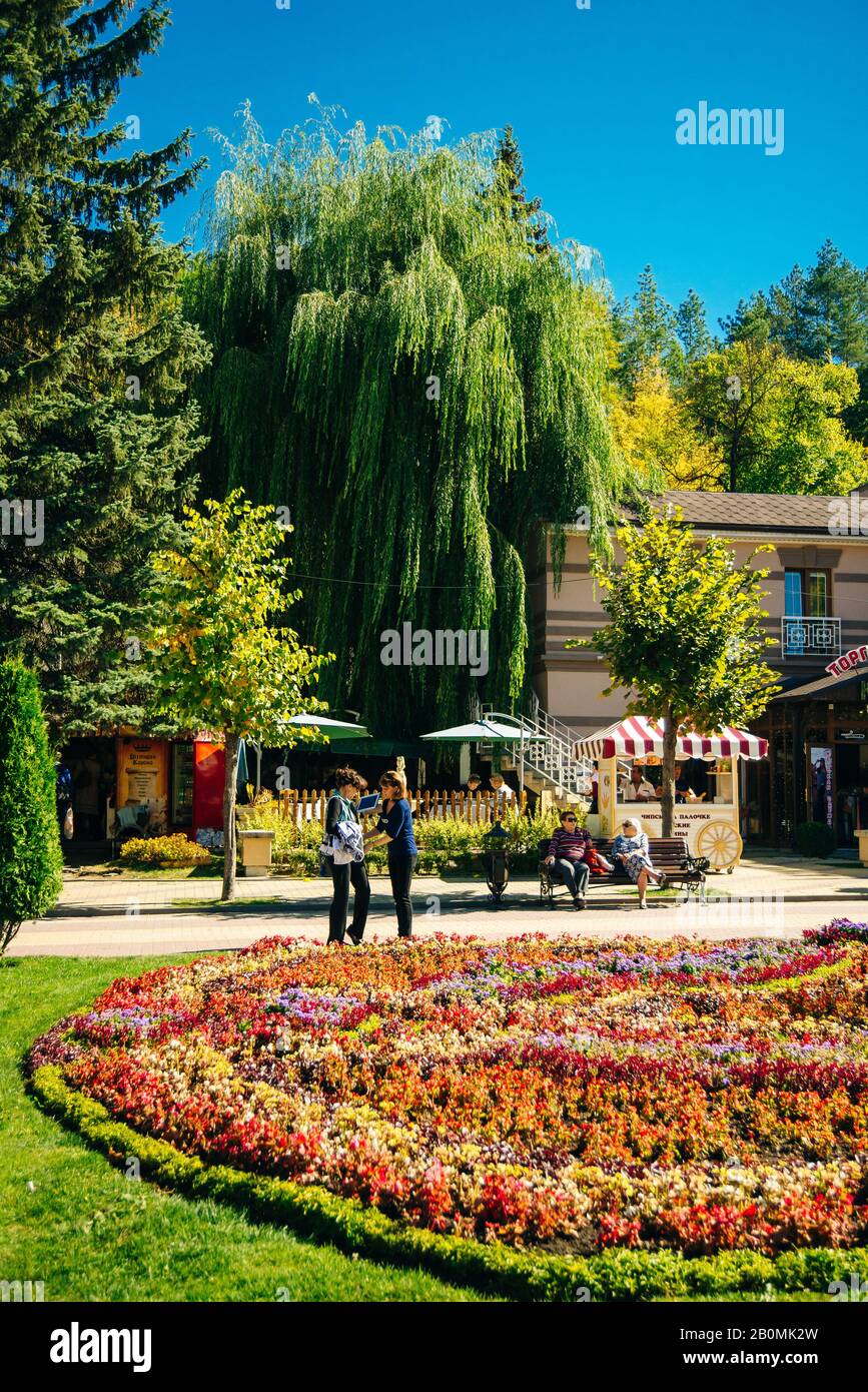 A beautiful alley with flower beds in the resort town. Kislovodsk. Russia - september, 2019 Stock Photo