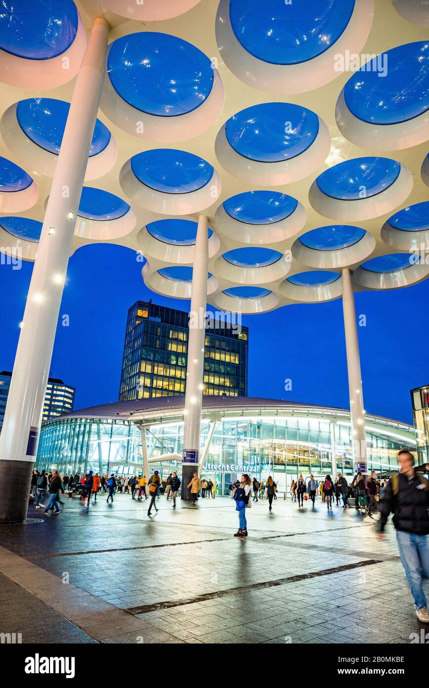 Utrecht, Netherlands - January 08, 2020. Entrance to Central train station at night Stock Photo