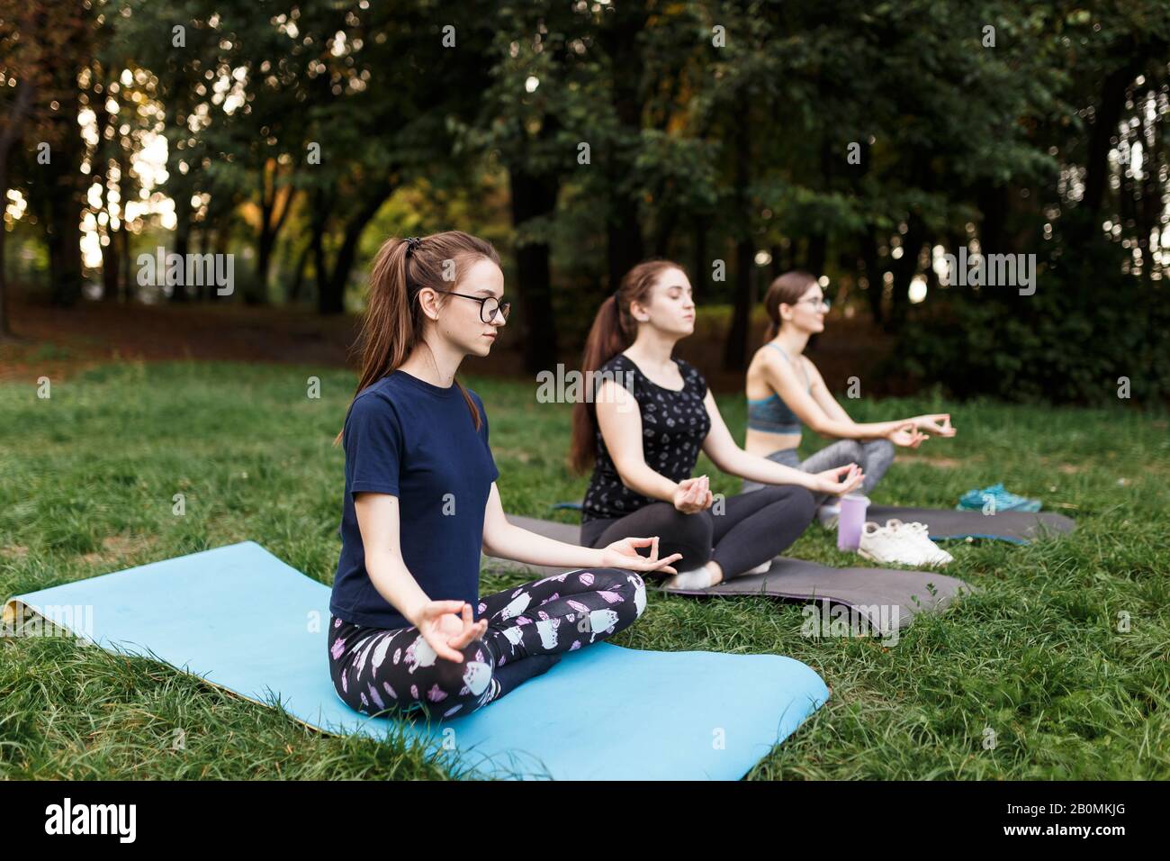 The relaxed girls is doing yoga in the park on carpet Stock Photo Alamy