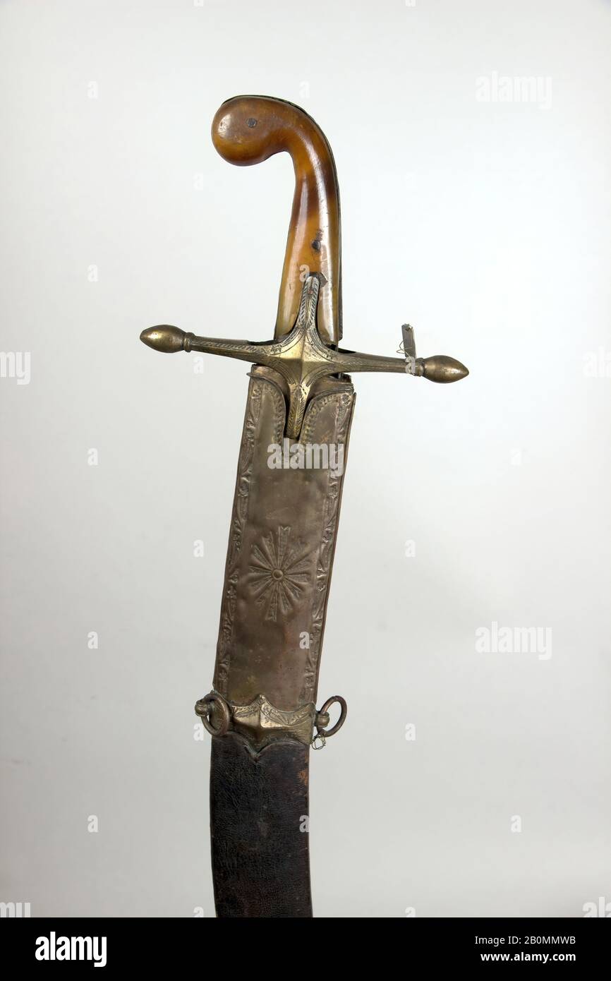 Sword (Kilij) with Scabbard, Turkish, 18th century, Turkish, Steel, horn, brass, H. with scabbard 31 in. (78.7 cm); H. without scabbard 30 1/2 in. (77.5 cm); W. 7 in. (17.8 cm); Wt. 1 lb. 7.5 oz. (666.2 g); Wt. of scabbard 1 lb. 1.4 oz. (493.3 g), Swords Stock Photo