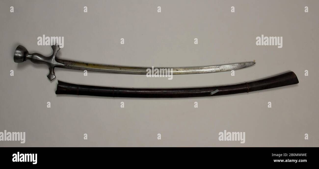 Sword with Scabbard, Sumatran, 16th–19th century, Sumatra, Sumatran, Steel, wood, H. with scabbard 34 1/8 in. (86.7 cm); H. without scabbard 29 in. (73.7 cm); H. of blade 24 3/4 in. (62.9 cm); W. 4 1/2 in. (11.4 cm); Wt. 1 lb. 3.4 oz. (550 g); Wt. of scabbard 4.2 oz. (119.1 g), Swords Stock Photo