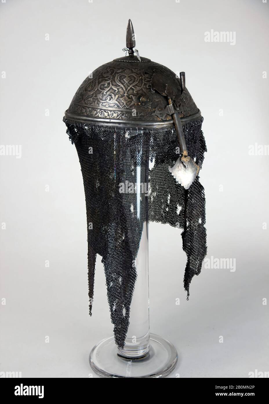 Helmet and Cuirass, Indian, 18th–19th century, Indian, Steel, Helmet (a); H. including mail 18 1/2 in. (47 cm); H. including nasal 8 3/4 in. (22.2 cm); H. excluding mail and nasal 5 3/4 in. (14.6 cm); W. 8 in. (20.3 cm); D. 8 1/2 in. (21.6 cm); Wt. 2 lb. 0.8 oz. (929.9 g); cuirass panel (b); H. 10 3/4 in. (27.3 cm); W. 8 1/4 in. (21 cm); D. 1 1/2 in. (3.8 cm); Wt. 1 lb. 9.5 oz. (722.9 g); cuirass panel (c); H. 10 1/4 in. (26 cm); W. 6 1/4 in. (15.9 cm); D. 2 in. (5.1 cm); Wt. 1 lb. 13.3 oz. (547.1 g); cuirass panel (d); H. 11 in. (27.9 cm); W. 8 1/2 in. (21.6 cm); D. 1 1/2 in. (3.8 cm); Wt. 1 Stock Photo