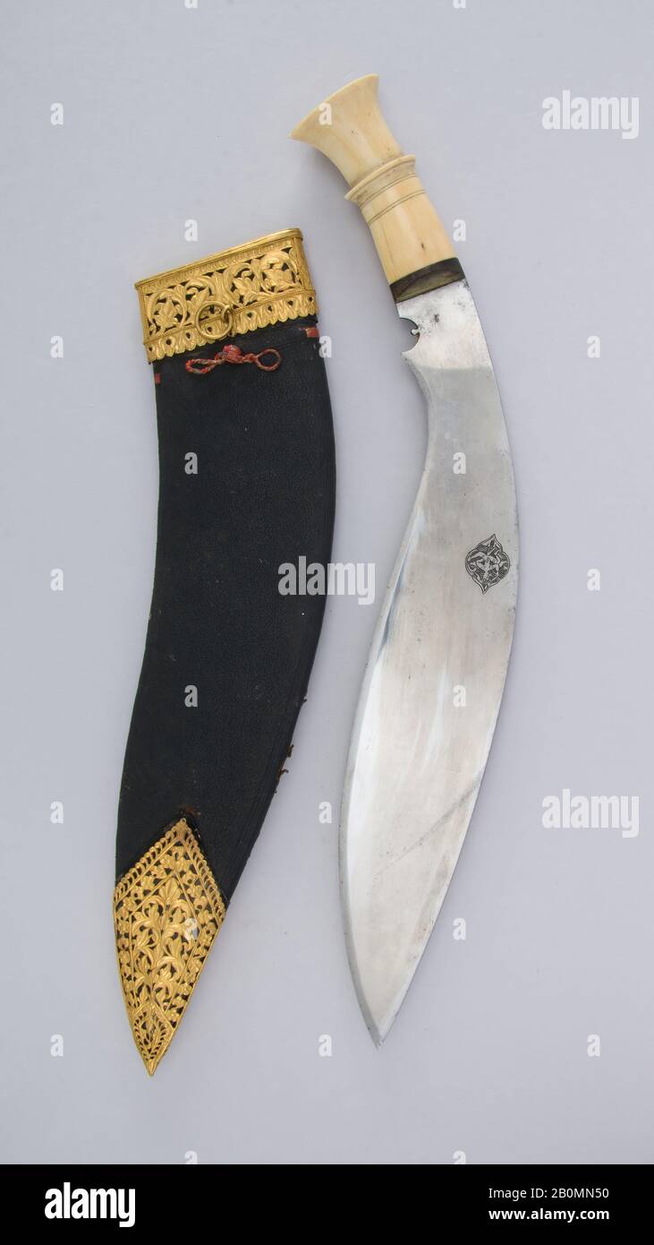 Knife (Kukri) with Sheath, Indian or Nepalese, Gurkha, 19th century, Indian or Nepalese, Gurkha, Steel, ivory, gold, silver, wood, leather, H. with sheath 18 1/4 in. (46.4 cm); H. without sheath 17 1/8 in. (43.5 cm); W. 2 1/8 in. (5.4 cm); Wt. 1 lb. 8.9 oz. (705.9 g); Wt. of sheath 8.2 oz. (232.5 g), Knives Stock Photo