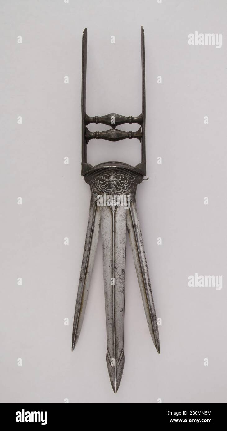 Dagger (Katar), Indian, 18th–19th century, Indian, Steel, silver, L. 19 1/4 in. (48.9 cm); W. 3 3/16 in. (8.1 cm); Wt. 1 lb. 14.5 oz. (864.7 g), Daggers Stock Photo