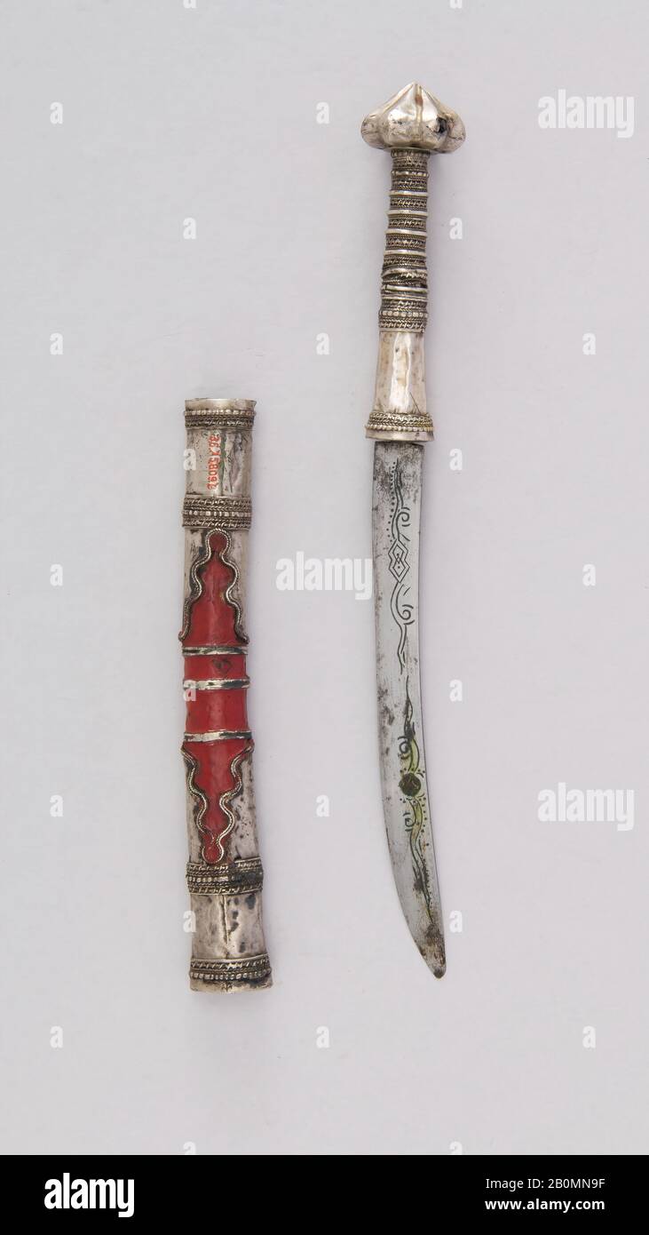 Knife (Dha) with Sheath, Thai, 18th–19th century, Thai, Silver, steel, lacquer, H. with sheath 9 1/4 in. (23.5 cm); H. without sheath 8 3/4 in. (22.2 cm); W. 1 in. (2.5 cm); Wt. 1.6 oz. (45.4 g); Wt. of sheath 1.1 oz. (31.2 g), Knives Stock Photo
