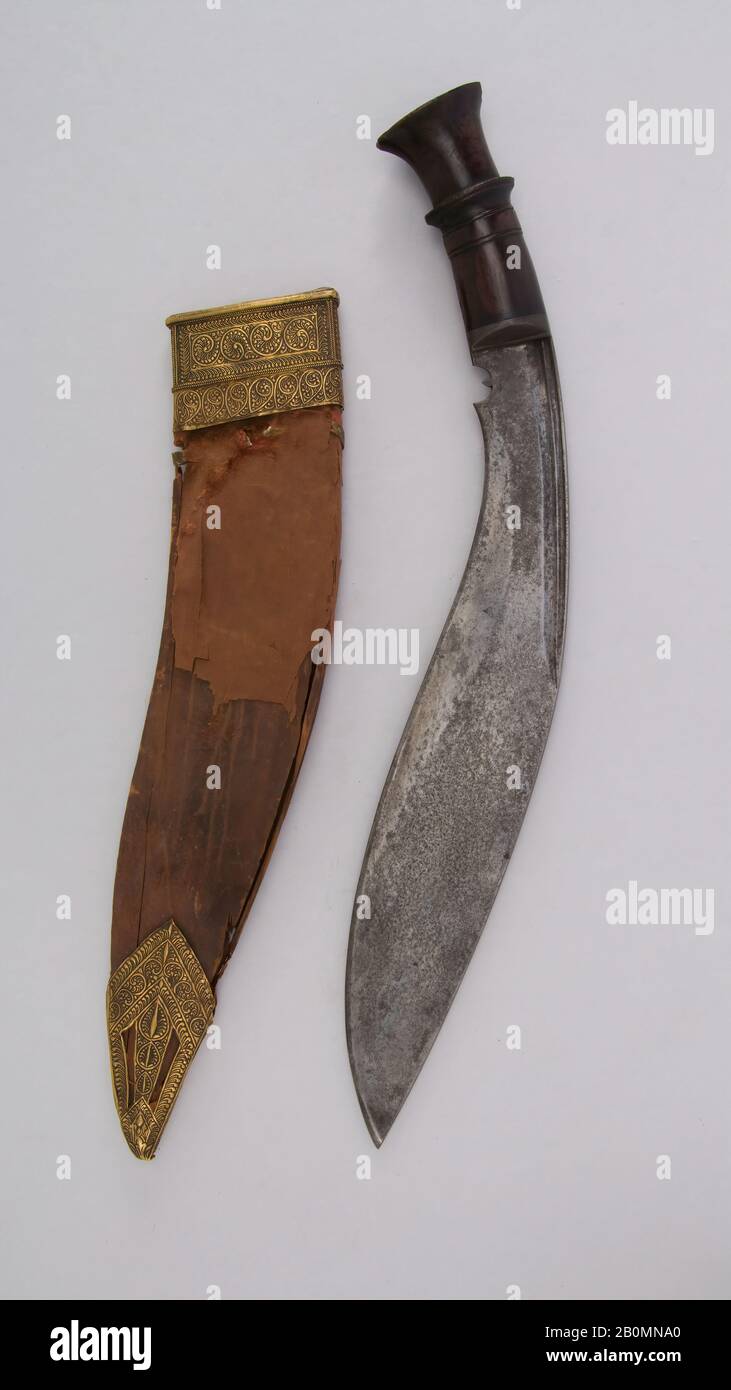 Knife (Kukri) with Sheath, Indian or Nepalese, Gurkha, 19th century, Indian or Nepalese, Gurkha, Steel, wood, leather, gold, H. with sheath 17 7/16 in. (44.3 cm); H. without sheath 16 5/8 in. (42.2 cm); W. 1 15/16 in. (4.9 cm); Wt. 1 lb. 1.2 oz. (487.6 g); Wt. of sheath 5.1 oz. (144.6 g), Knives Stock Photo