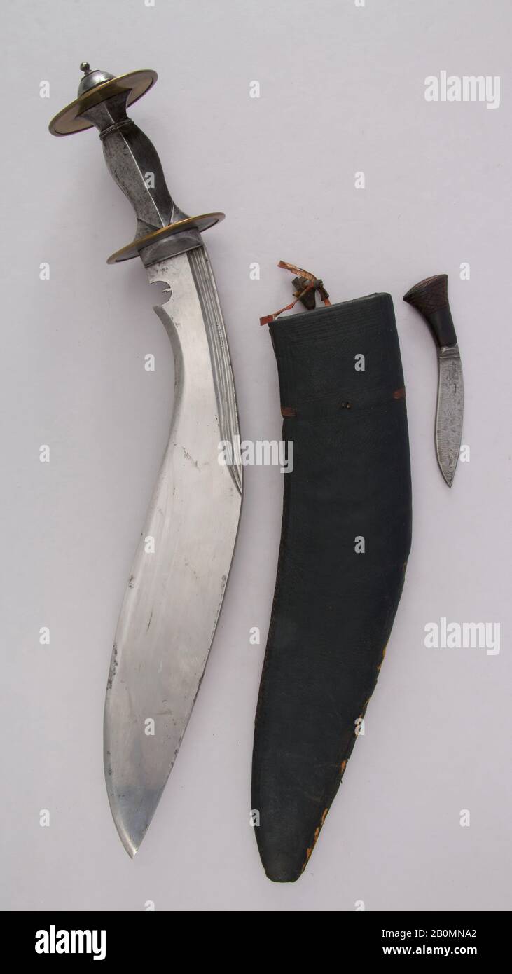 Knife (Kukri) with Sheath, Small Knife and Pouch, Indian or Nepalese, Gurkha, 19th century, Indian or Nepalese, Gurkha, Steel, wood, leather, Knife (a); H. with sheath 17 3/8 in. (44.1 cm); H. without sheath 17 3/8 in. (44.1 cm); W. 3 in. (7.6 cm); Wt. 1 lb. 15.1 oz. (881.7 g); sheath (b); Wt. 4.1 oz. (116.2 g); small knife (c); H. 5 3/16 in. (13.2 cm); W. 1 1/4 in. (3.2 cm); Wt. 1.6 oz. (45.4 g), Knives Stock Photo