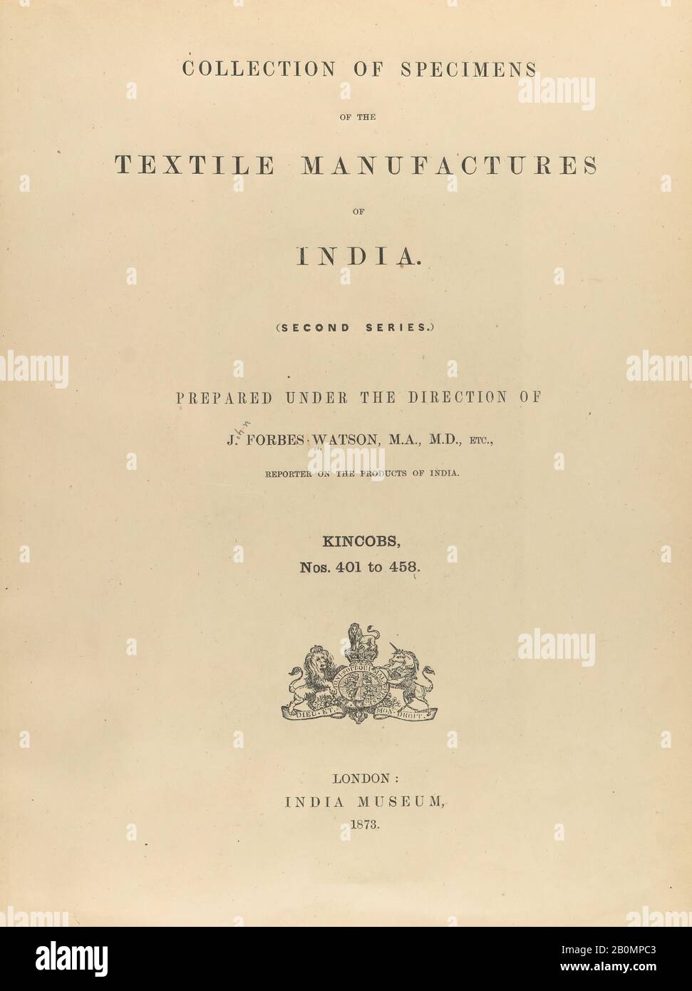 John Forbes Watson, Collection of specimens and illustrations of the textile manufactures of India. Second series: Kincobs, Nos. 401 to 458, John Forbes Watson (Scottish, 1827–1892), William Griggs, 1873-1880, London, England, 1 volume: chiefly color illustrations, samples ; Height: 13 3/4 in. (35 cm) - 17 11/16 in. (45 cm Stock Photo