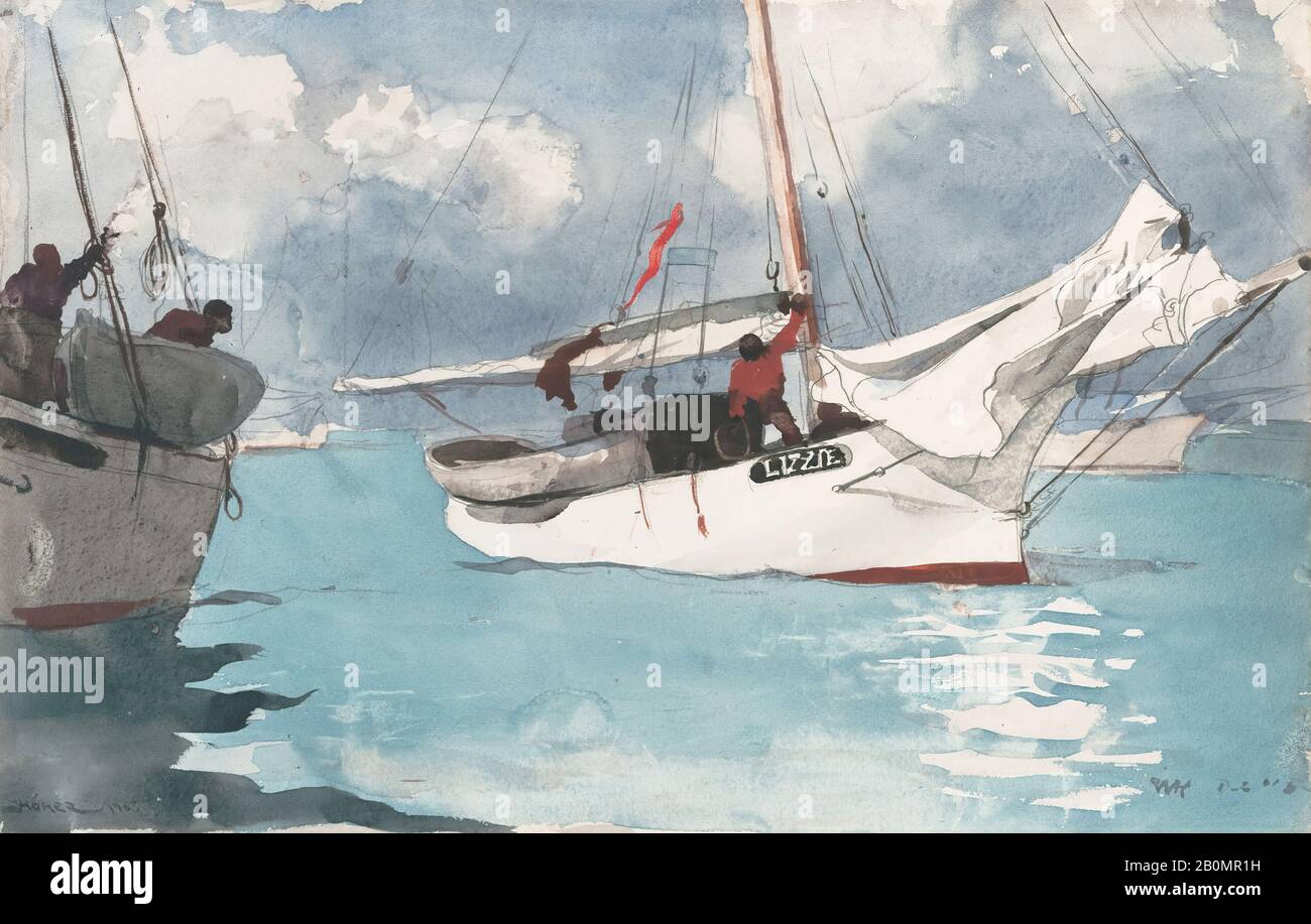 Winslow Homer, Fishing Boats, Key West, American, Winslow Homer (American, Boston, Massachusetts 1836–1910 Prouts Neck, Maine), 1903, American, Watercolor and graphite on off-white wove paper, 13 15/16 x 21 3/4 in. (35.4 x 55.2 cm), Drawings Stock Photo