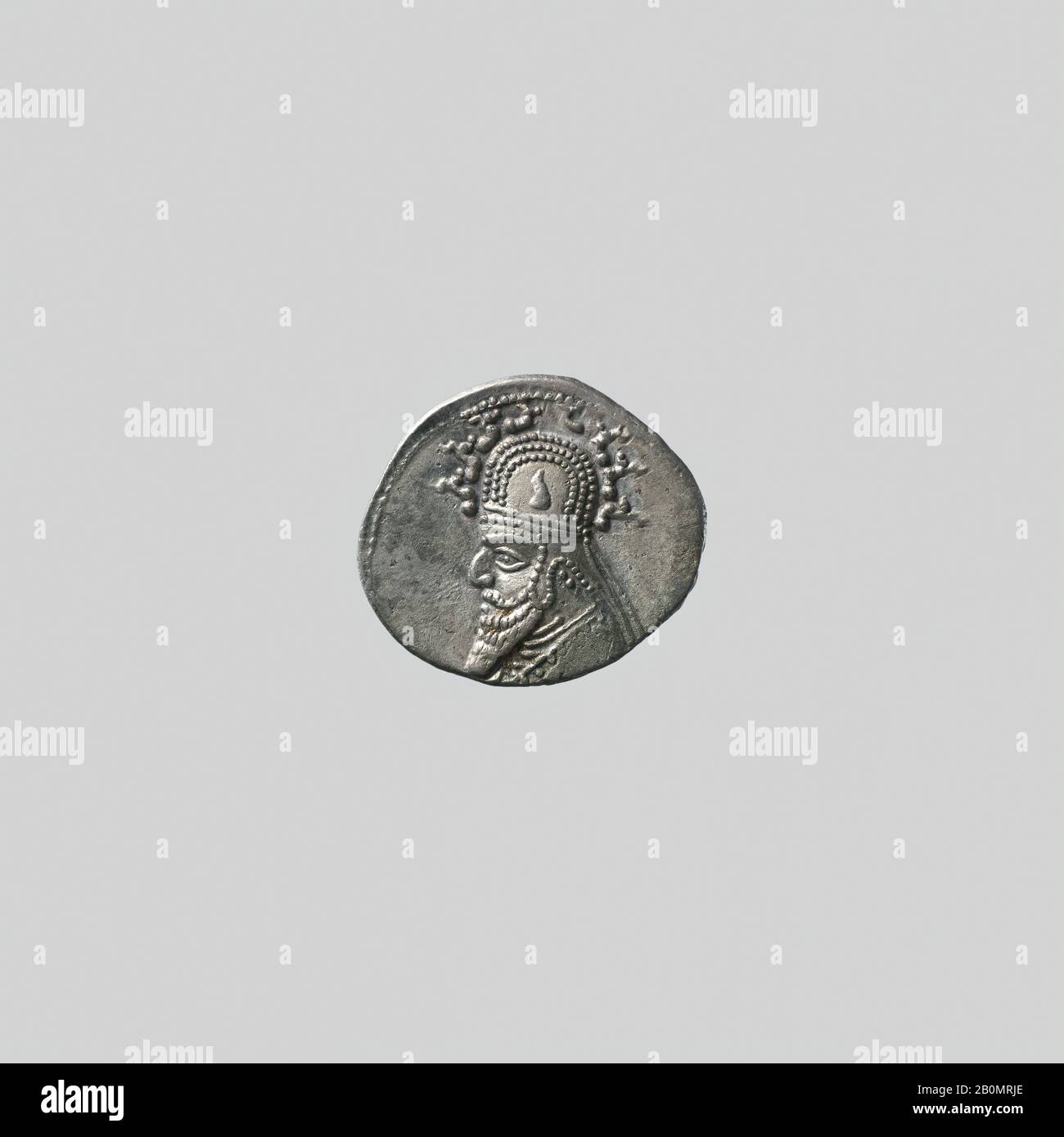 Drachm, Parthian, Parthian, Date ca. 70–57 B.C., Iran, Parthian, Silver, Thickness 0.25 cm., Diameter 2.09 cm, Metalwork-Coins-Inscribed Stock Photo