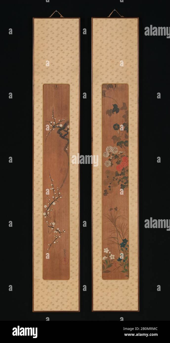 Ogata Kōrin, Flowers of Spring and Autumn, Japan, Edo period (1615–1868), Ogata Kōrin (Japanese, 1658–1716), shortly after 1701, Japan, Pair of panels; ink and color on cryptomeria wood, Image: 54 in. × 7 7/8 in. (137.2 × 20 cm), Overall with mounting: 81 × 13 in. (205.7 × 33 cm), Paintings Stock Photo