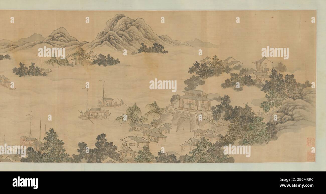 Wang Gai, Reminiscence of Jinling, China, Qing dynasty (1644–1911), Wang Gai (Chinese, 1645–1710), 1686, China, Handscroll; ink and color on silk, Image: 13 1/4 × 71 7/8 in. (33.7 × 182.6 cm), Paintings Stock Photo