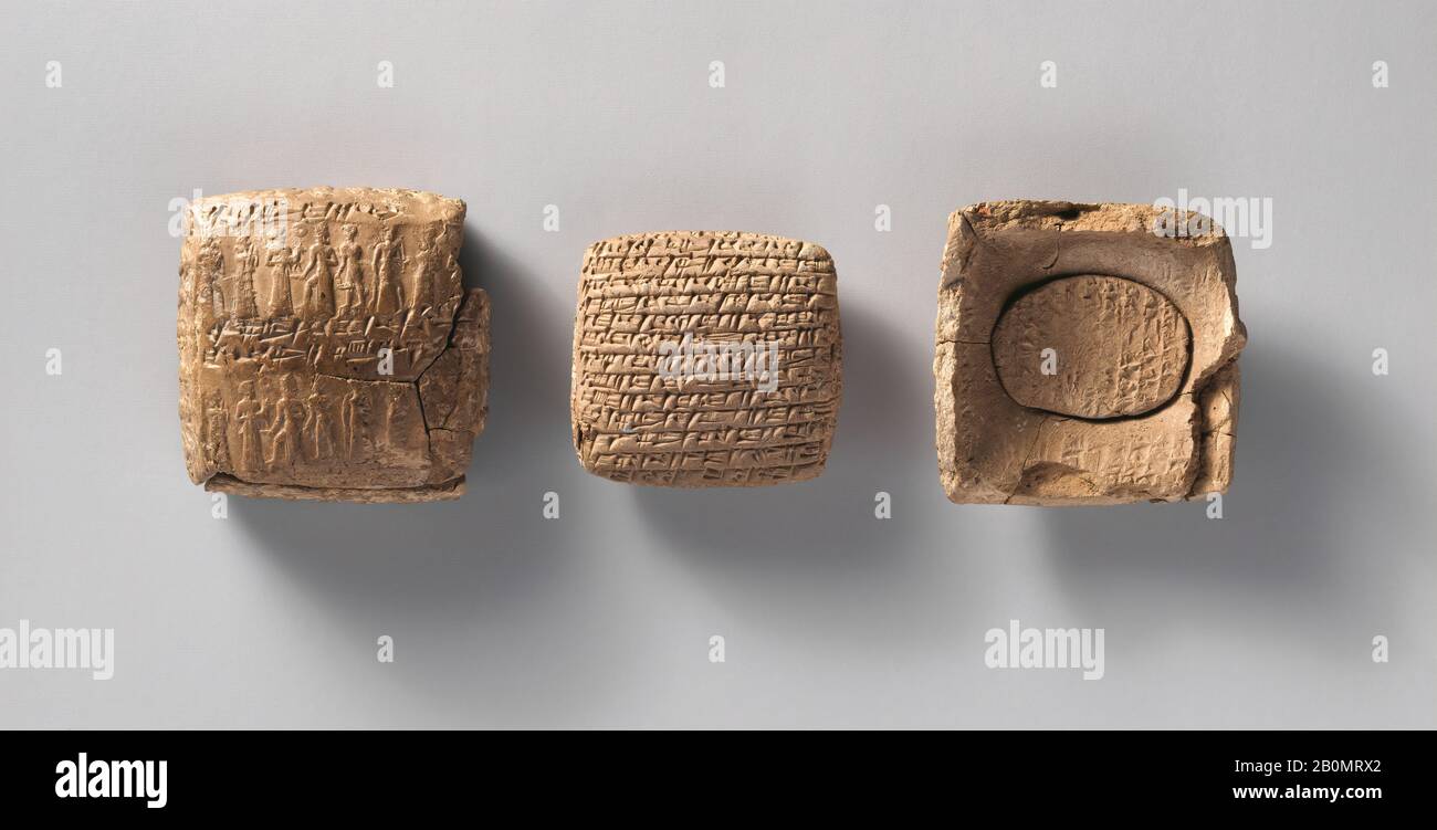 Cuneiform tablet with a small second tablet: private letter, Old Assyrian Trading Colony, Middle Bronze Age–Old Assyrian Trading Colony, Date ca. 20th–19th century B.C., Anatolia, probably from Kültepe (Karum Kanesh), Old Assyrian Trading Colony, Clay, a: 4 x 4.3 x 1.7 cm (1 5/8 x 1 3/4 x 5/8 in.), b: 2.2 x 3 x 0.7 cm (7/8 x 1 1/8 x 1/4 in.), Clay-Tablets-Inscribed Stock Photo